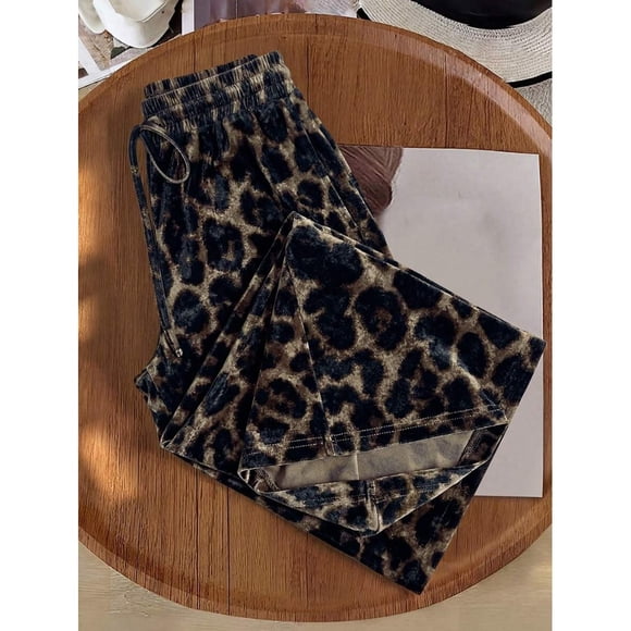 Multicolor Leopard Print Velvet Wide Leg Pants Women Casual Lounge