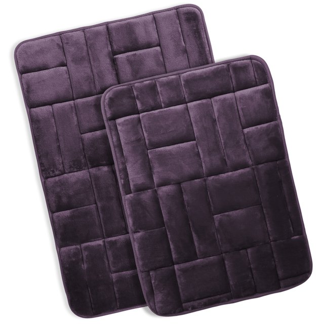 Clara Clark Bathroom Rugs, Velvet Memory Foam Bath Mat, Ultra Soft Non Slip and Absorbent - Tiled - Set of 2 - Purple