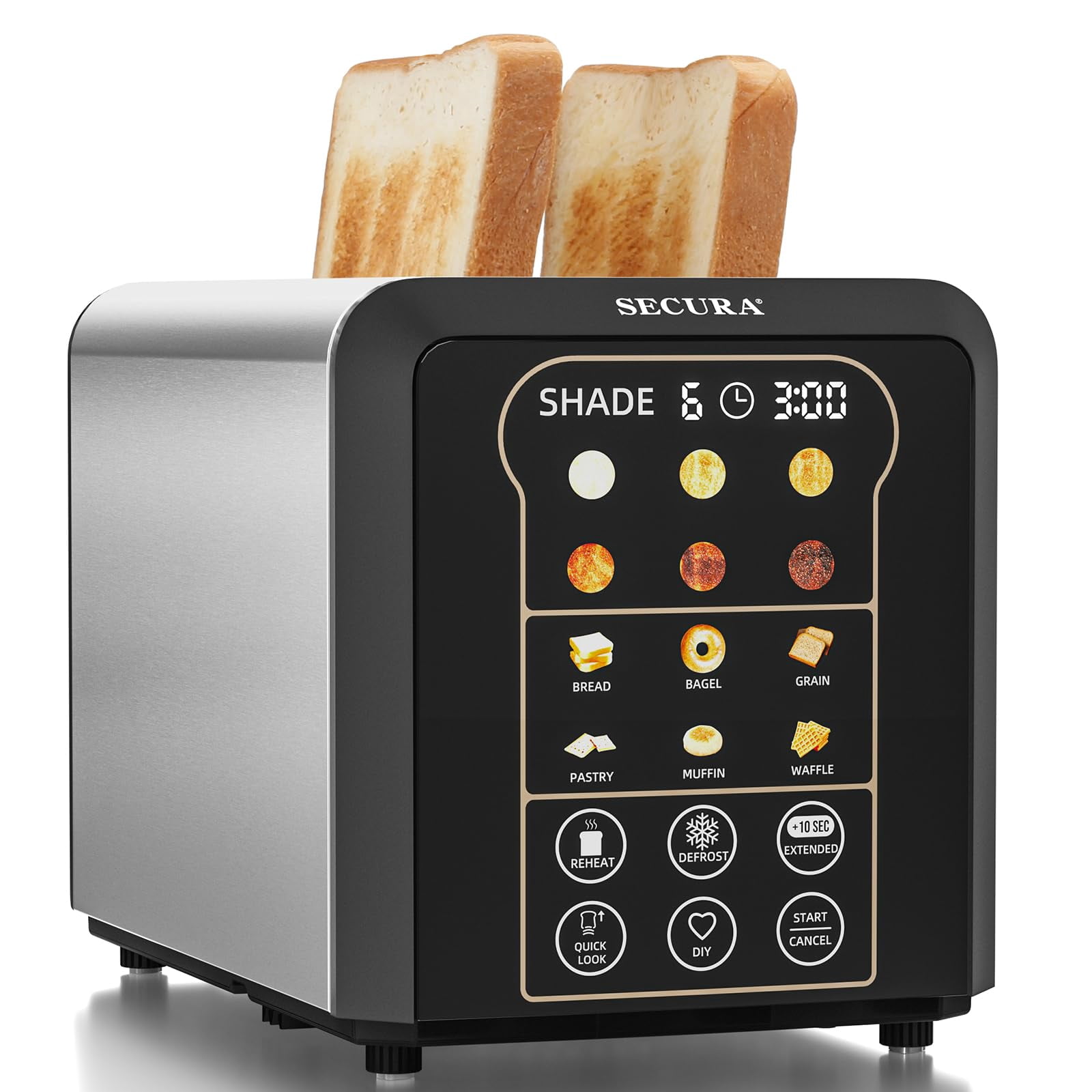 Secura 2 Slice Automatic Toaster Touch Screen Smart Toaster with Digital Timer 6 Bread Type & 6 Browning Levels, Reheat, Deforst,