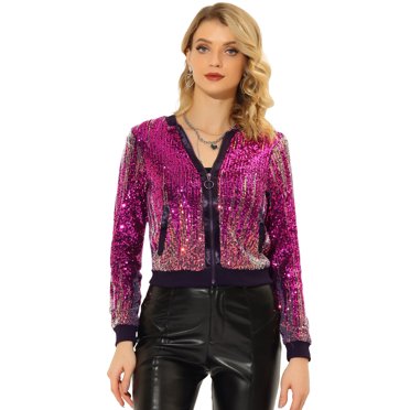 INSPIRE CHIC Veste à Paillettes d'Halloween pour Femme Brillante Ombrée à Manches Longues avec Fermeture Éclair Scintillante Blouson Bomber de Fête TP Fuchsia