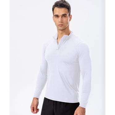 RXIRUCGD Men's Fitness Long Sleeve Quick Dry Running Training Wear Half Zip Slim Pullover Sports Hoodie, White, Size: L