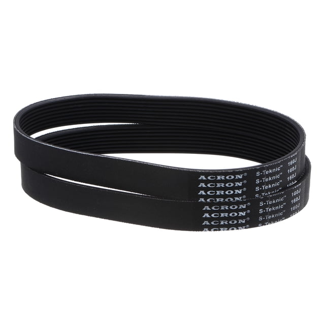 Unique Bargains 160J8 PJ V-Ribbed Belt, EPDM Industrial Transmission Serpentine Belt, 2 Packs. The image shows two black V-ribbed belts made of EPDM rubber, featuring a width of 0.74 inches (18.72mm), a thickness of 0.14 inches (3.5mm), and an outer circumference of 16 inches (406.4mm). These belts are designed for industrial machinery, appliances, and power tools, offering high-temperature resistance, oil resistance, and wear resistance. The belts have visible white text markings indicating the model number 160J8.