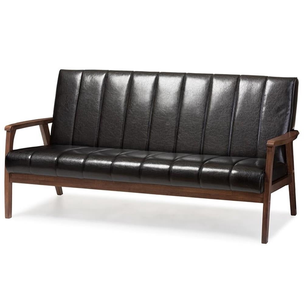 Baxton Studio Nikko Faux Leather Sofa in Black and Walnut