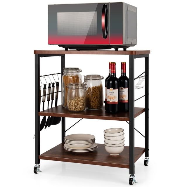 Costway 3-Tier Kitchen Baker's Rack Microwave Oven Storage Cart w/ Hooks Vintage
