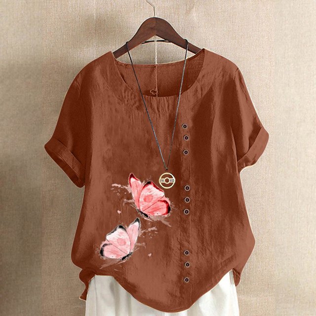 Pisexur Chemises pour Femmes Grande Taille Surdimensionnées Imprimé Papillon Hauts en Coton et Lin Mélange Col Ras du Cou Manches Courtes Tunique Basique T-Shirts Hauts Blouse
