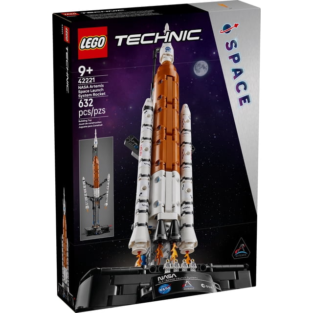 LEGO Technic NASA Artemis Space Launch System Rocket building toy for kids 9+ with 632 pieces, featuring a multicolour detailed rocket model demonstrating 3-stage separation, astronaut nanofigures, and a display stand with NASA, Artemis, and ESA logos on a starry space background, ideal for STEM learning and space exploration play.