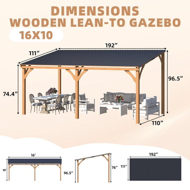 YODOLLA 16' x 10' Cedar Wood Gazebo, Wall-Mounted Hardtop Pergola