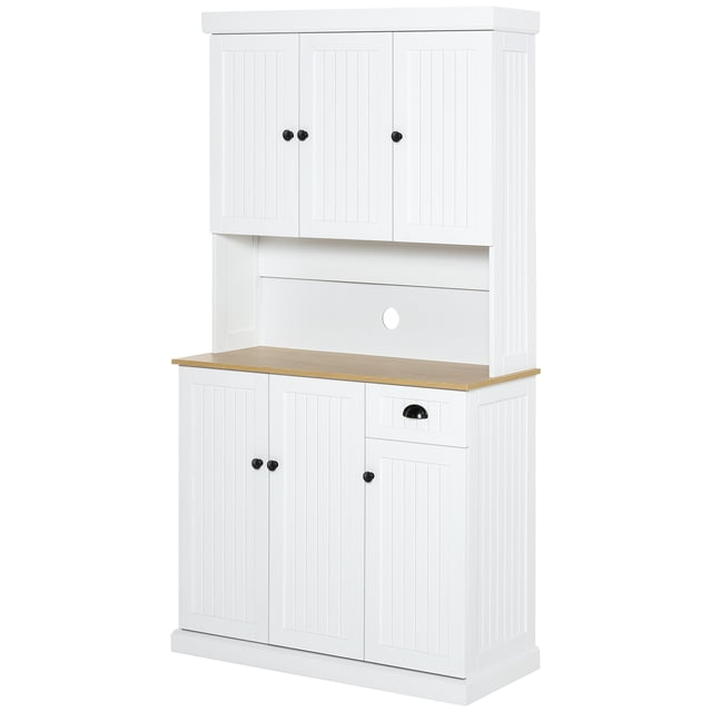 HOMCOM 71" Kitchen Pantry Buffet with Hutch Storage Cabinet Microwave Oven Stand with Drawer, White, Oak