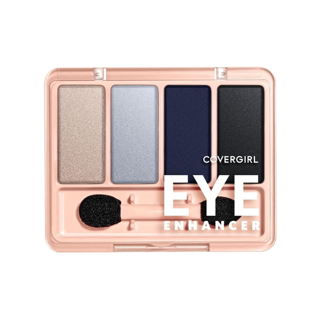 COVERGIRL Eye Enhancers Eyeshadow palette with four shades—beige shimmer, light blue shimmer, dark navy matte, and black sparkle—in a peach plastic case with clear lid and double-ended sponge applicator, suitable for creating sheer, blendable eye looks.