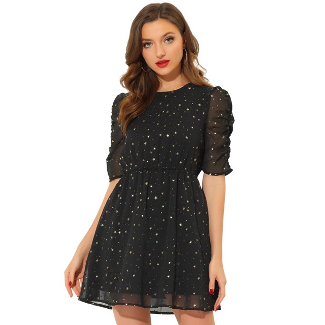 INSPIRE CHIC Women's Round Neck Ruched Sleeve Metallic Shiny Stars Dress Black S