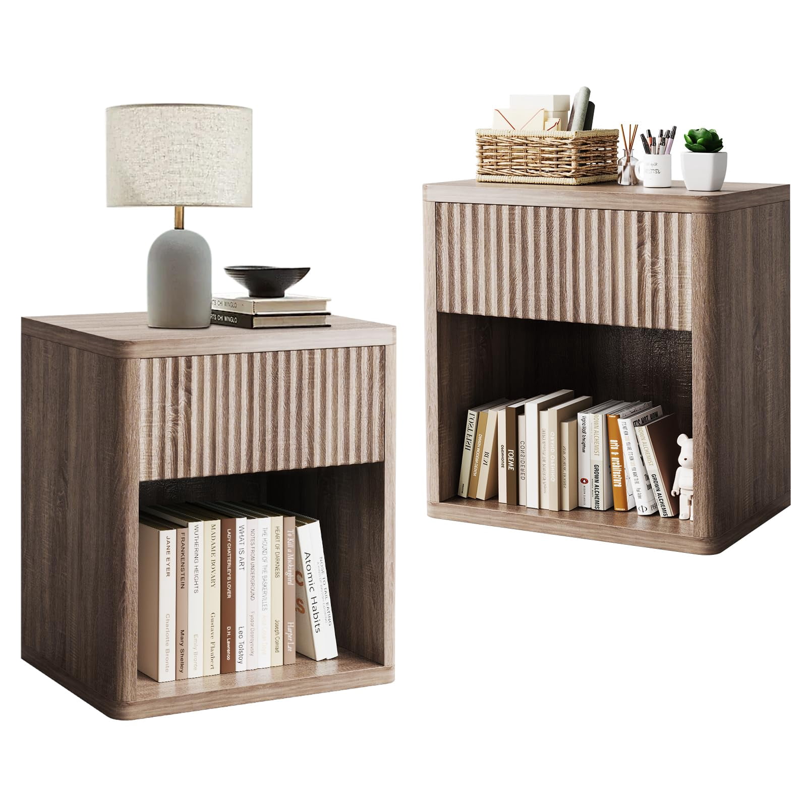 Set of 2 Modern Farmhouse Nightstands with Drawers - Fluted Wood Bedside & End Tables for Living Room, Office