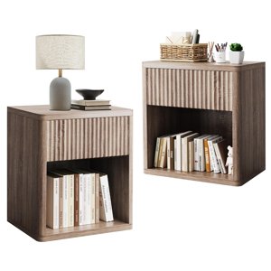 Set of 2 Modern Farmhouse Nightstands with Drawers - Fluted Wood Bedside & End Tables for Living Room, Office