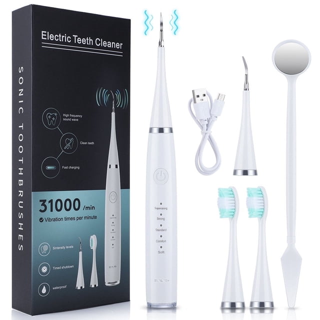 Estbridge Plaque Remover for Teeth, a teeth cleaning kit with a sonic tooth cleaner, dental calculus remover, and rechargeable electric device. Includes two brush heads, a dental mirror, and a USB charging cable. Ideal for adult dental care, oral hygiene, and effective removal of plaque, tartar, and stains.