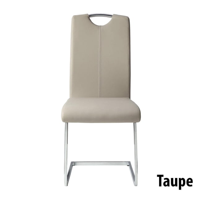 Canadian Chaise de Salle à Manger Daisy Taupe avec Siège et Dossier en Similicuir Taupe, Pattes cantilever Chromées, et une Poignée Chromée en Haut du Dossier pour un Déplacement Facile, Montrée Orientée vers l'Avant sur un Fond Blanc, Idéale pour les Espaces de Salle à Manger Modernes.