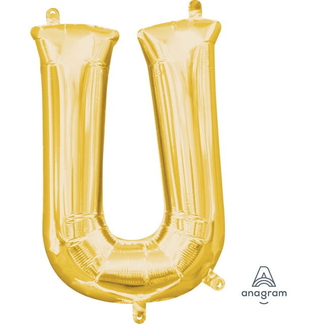 Anagram International Party-Eh! Gold Letter U Balloon, a shiny gold foil balloon shaped as the letter U with inflation tabs, designed for party decorations without helium, suitable for all ages.