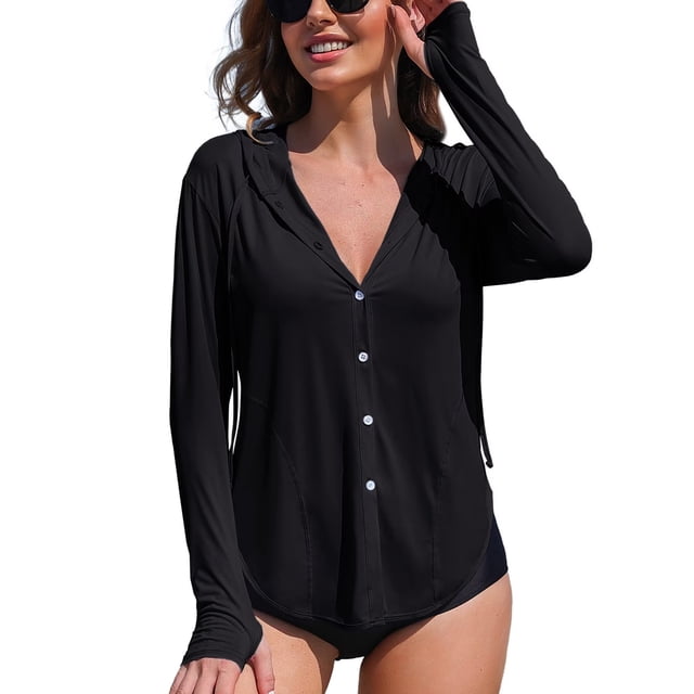 Charmo Women's Hooded UPF 50+ Rash Guard Long Sleeve UV Protection Zipper Swimwear Shirts with Pockets