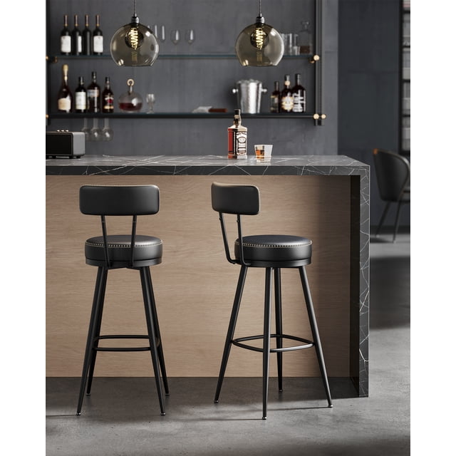 VASAGLE EKHO Collection - Bar Stools Set of 2, Swivel Counter Bar Stools with Backs, Synthetic Leather with Stitching, Mid-Century Modern, 30-Inch Tall, Kitchen Home Bar, Ink Black ULBC889B01