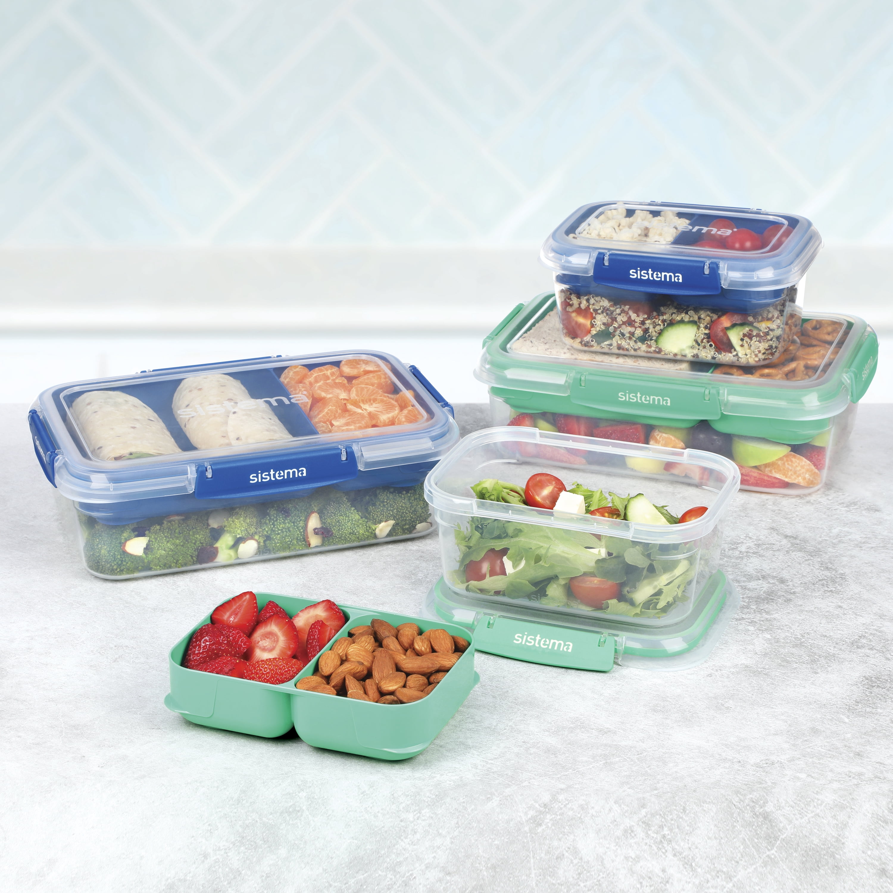 Sistema To Go Stax Leakproof Food Storage Containers, 2 x 1 L & 2 x 2.2 L, Airtight, Stackable, Easy Locking Clips, BPA-Free, Blue & Teal (Colour Not Selectable)