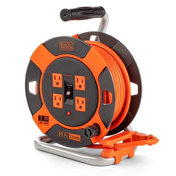 BLACK+DECKER 50 Ft. Retractable Extension Cord Reel With 4 Outlets, Multi-Plug Extension, Easy Handle Rewind & Heavy-Duty 14AWG SJTW Cable