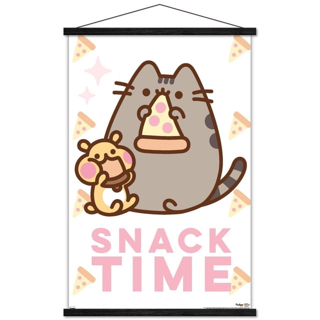 Pusheen - Snack Time Wall Poster, 14.725" x 22.375" Framed featuring cartoon cat Pusheen holding a pizza slice with a small yellow hamster-like character beside her, surrounded by pizza slice illustrations and pink 'SNACK TIME' text on a white background, suitable for playful wall décor in bedrooms or offices.