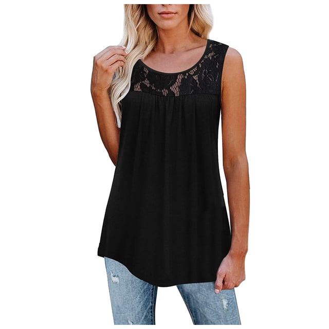 Timegard Camisole pour Femme Grande Taille Col Rond Dentelle Sans Manches Froncée Hauts Décontractés Confortables T-Shirts d'Été