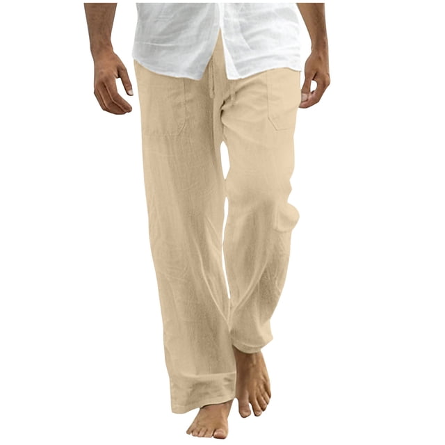 WRKEKC Casual Pants for Men Relaxed Fit Straight Leg Beach Pants with Drawstring and Pockets Solid Color for Summer Wear