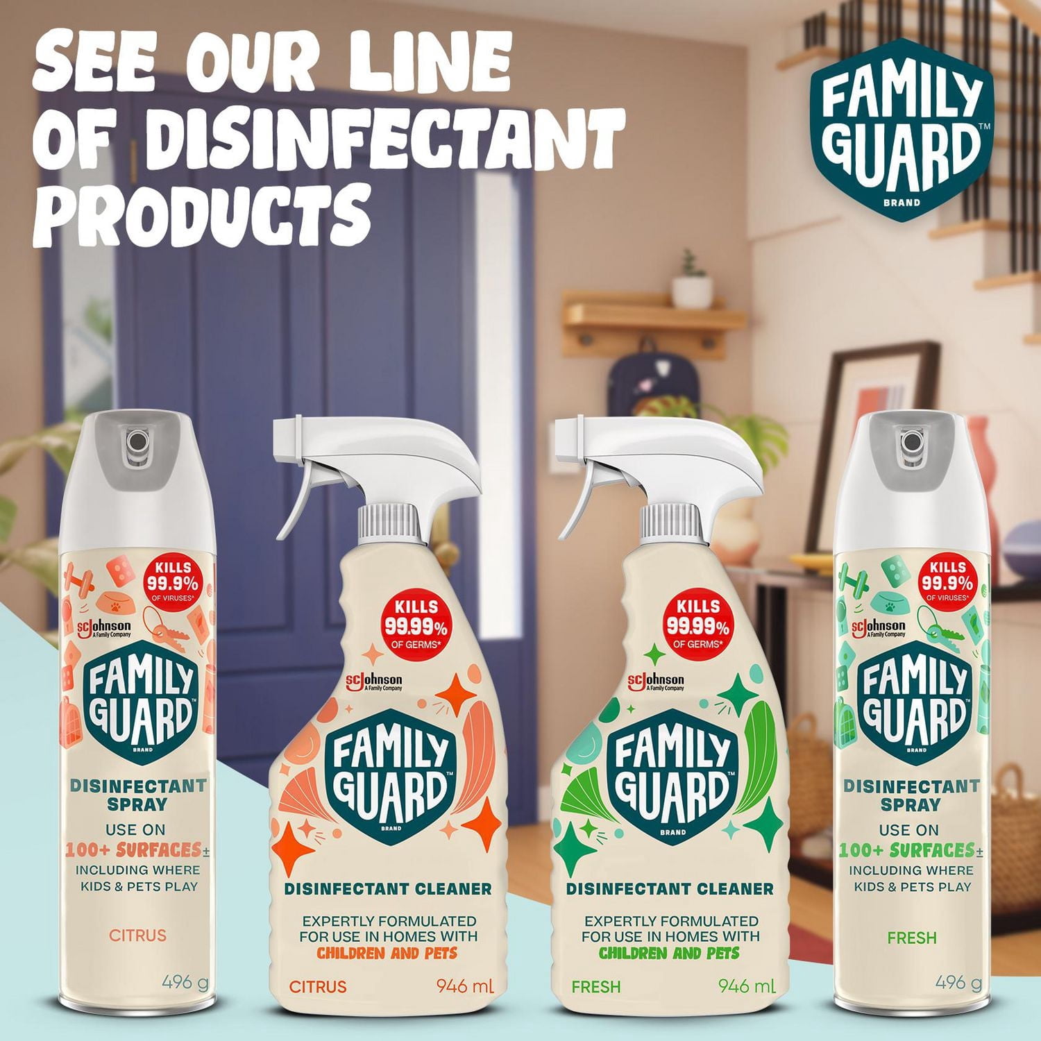 Family Guard™ Nettoyant Désinfectant Tout Usage, Élimine 99,99 % des Germes, Parfum Frais, 946ml