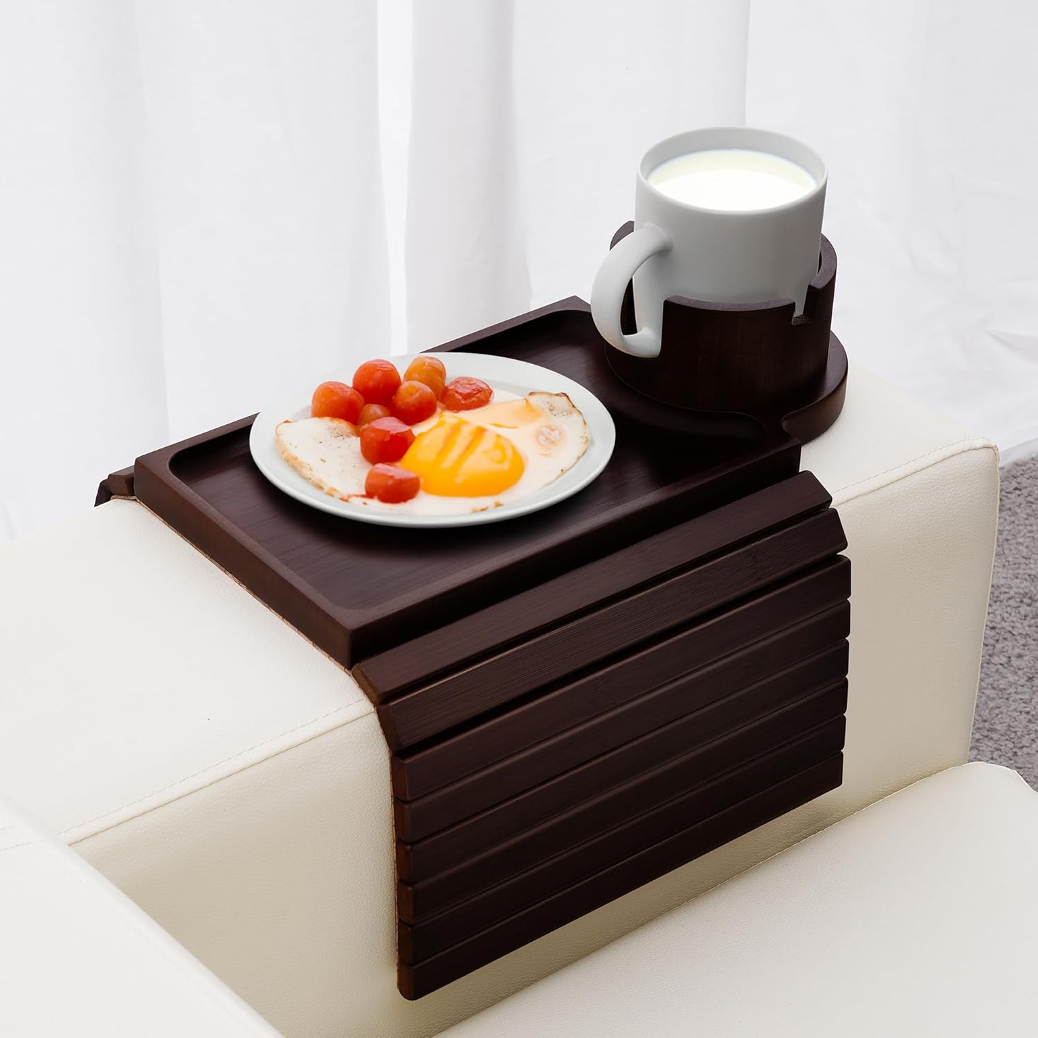 Couch Cup Holder Tray in Large Couch Arm Table Bamboo Sofa Clip on Tray Table with Ratated Phone Holder for Couch Armrest Tray for Drink Snacks Remote Phone