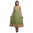thumbnail image 1 of Bimba Robe Anarkali Vert Olive à 4 Feuilles, Col Mandarin, Sans Manches, Kurtis pour Femmes, Robe Maxi à Imprimé, XX-Grand, 1 of 6