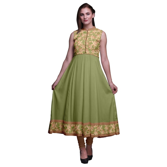 Bimba Robe Anarkali Vert Olive à 4 Feuilles, Col Mandarin, Sans Manches, Kurtis pour Femmes, Robe Maxi à Imprimé, XX-Grand