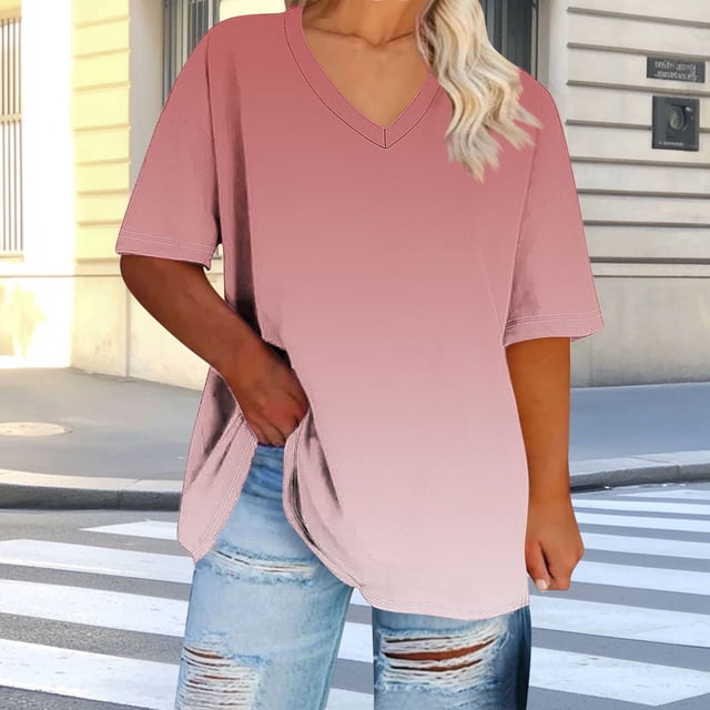 Ovbmpzd Ladies Tops Plus Size Short Sleeve Red V-Neck Gradient Color Comfy Blouses Women Shirts XXXXXL