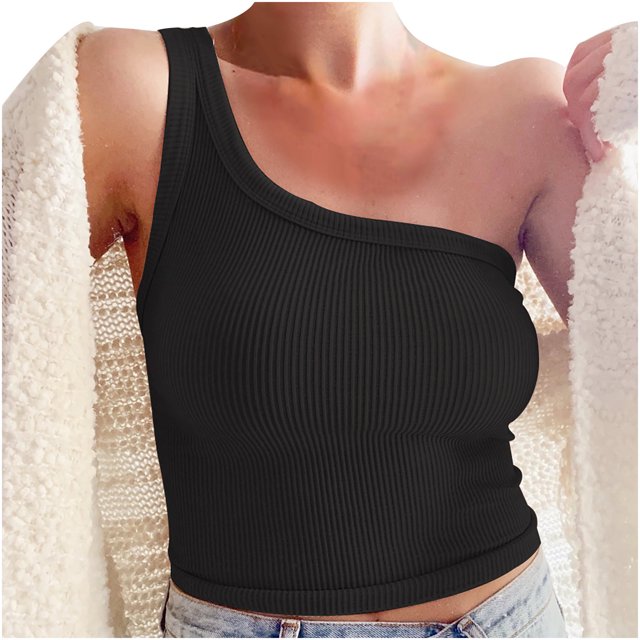 Pompotops Summer Women Slim Solid Color One Shoulder Vest Sleeveless Short Top