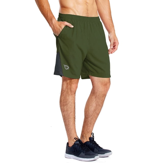 BALEAF Shorts de Course pour Hommes 7 Pouces avec Doublure en Maille Poche Zippée pour Entraînement Athlétique Gym Vert Armée 3TG