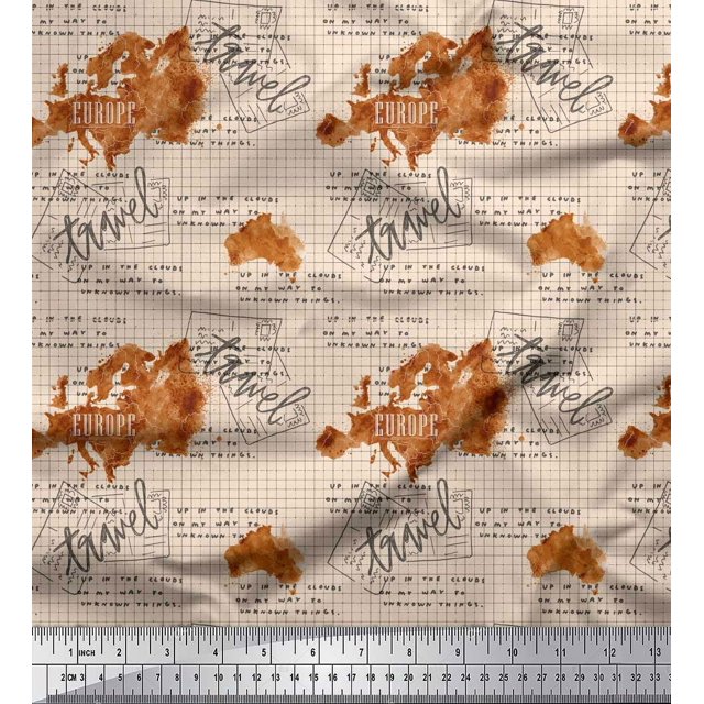 Soimoi White Poly Georgette Fabric Text & Europe Map Travel Print Fabric by the Yard 42 Inch Wide
