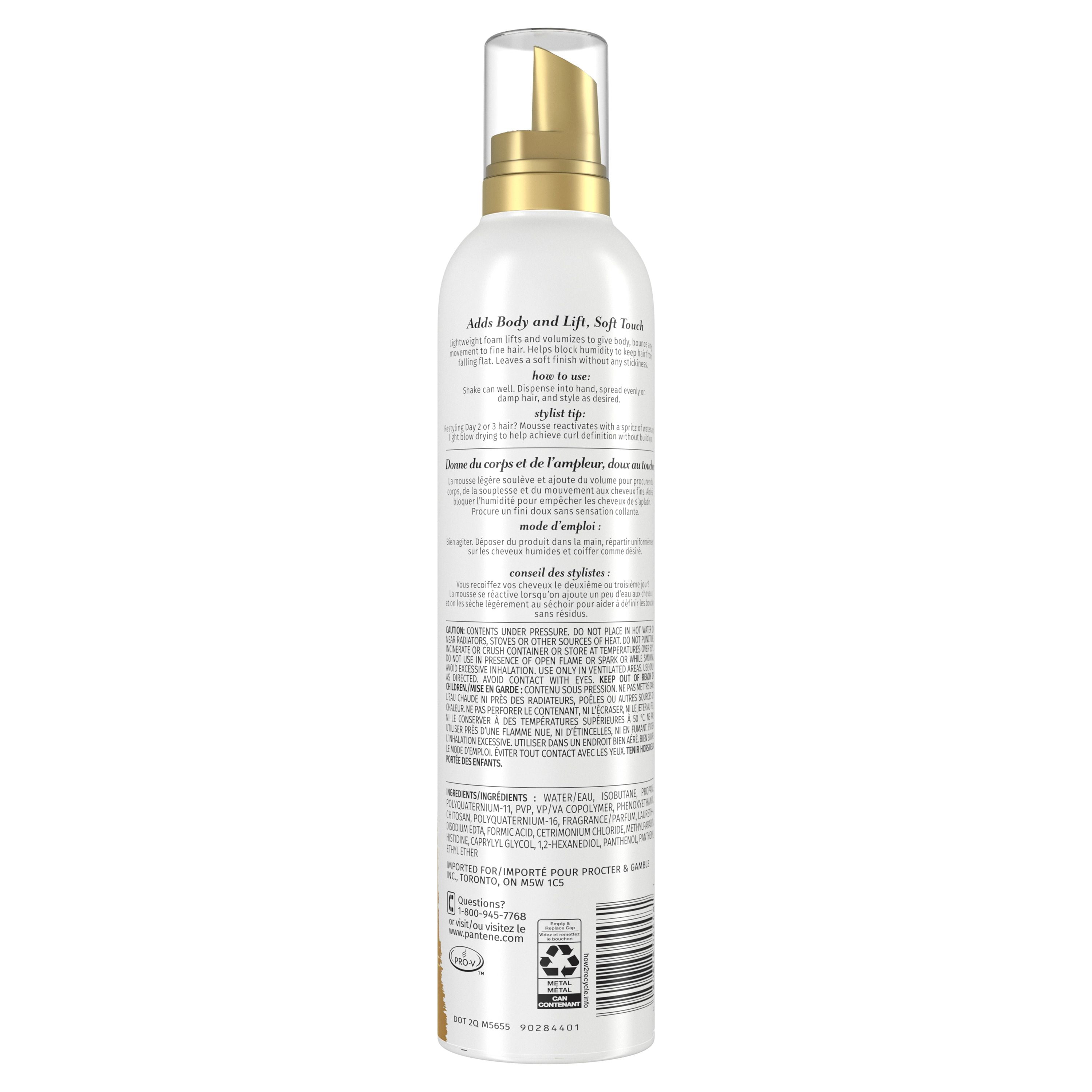 Mousse amplifiante Pantene Pro-V Volume pour donner une ampleur maximale aux cheveux fins et plats