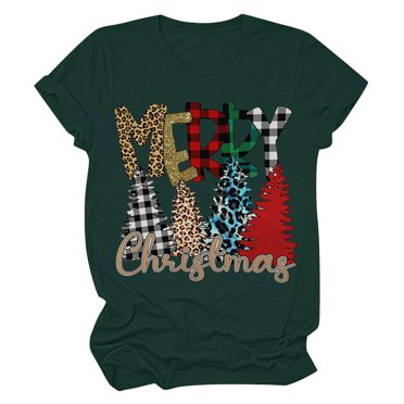 Haut de Sapin de Noël Femme Décontracté Col Rond Manches Courtes T-shirt Imprimé Sapin de Noël Haut