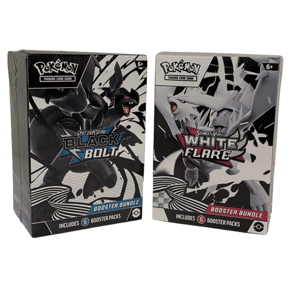 Pokemon TCG - Scarlet & Violet : Lots de Boosters Black Bolt & White Flare avec Deux Boîtes Scellées. le Lot Black Bolt Met en Valeur Zekrom sur l'Emballage, Tandis Que le Lot White Flare Met en Vedette Reshiram. Chaque Lot Comprend 6 Paquets de Boosters, Offrant des Cartes de la Région Unova avec Pokemon Légendaire et Mythique. Convient aux 6 Ans et Plus.