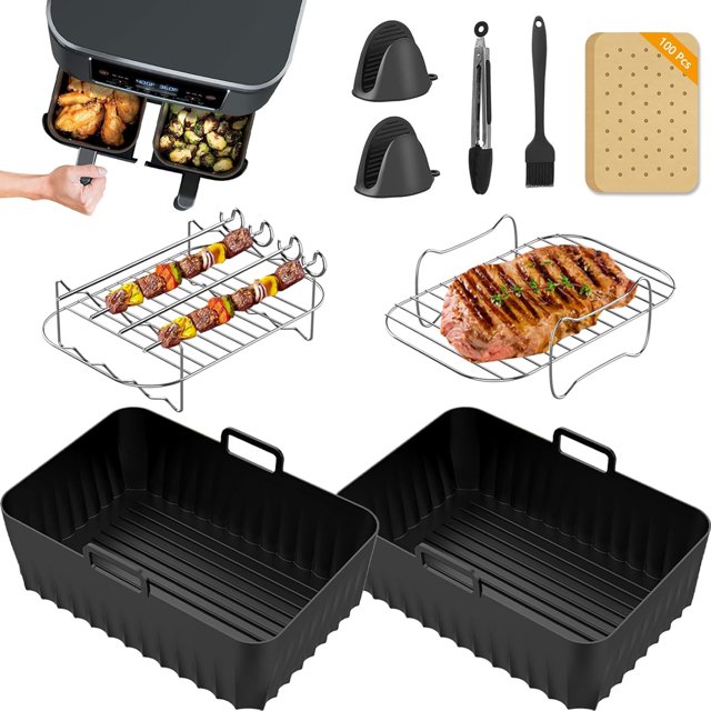 Air Fryer Accessories for Ninja Dual Air Fryer, Silicone Air Fryer Liners & Air Fryer Rack for Ninja Foodi DZ201 DZ401 DZ550 8-10QT, Include Tong, Paper Liner, Oil Brush, Suitable for Oven Microwave