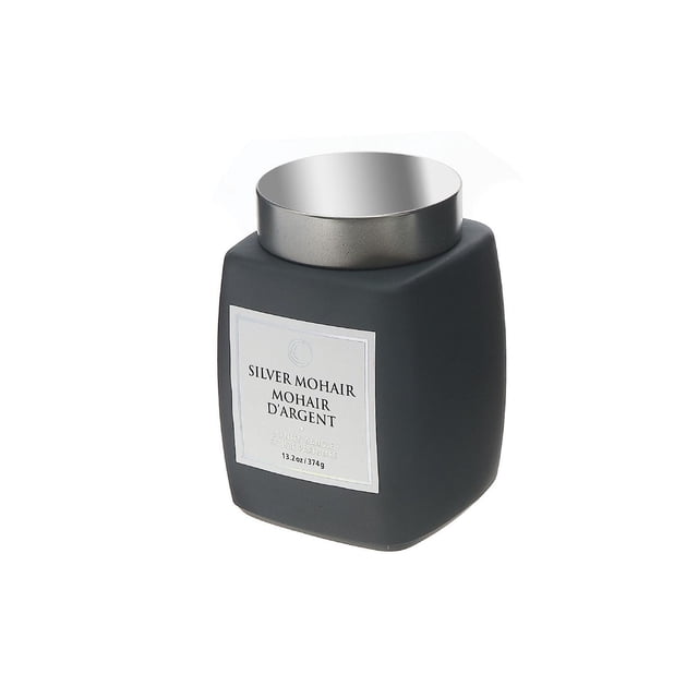 13.2 Oz Luxe Scented Square Candle With Lid (Silver Mohair) showing a gray square wax candle with a silver metal lid and a white label reading 'Silver Mohair Mohair D'Argent' on a white background, ideal for home décor and aromatherapy.
