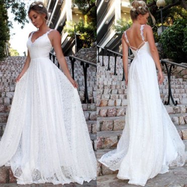 Robe Longue Formelle pour Femme pour Mariage, Bal, Fête, Dentelle, Chiffon, Longue, Maxi, Unie, Blanche, Dos Nu, Robe d'Été