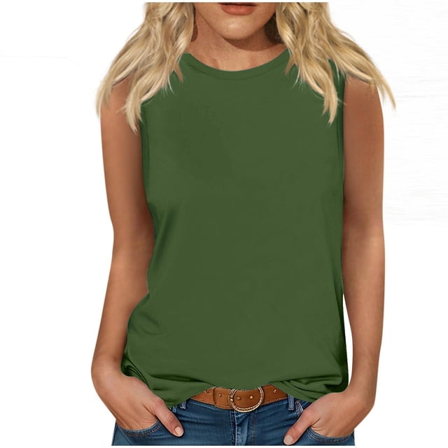Yuyuzo Sleeveless Tops for Women Round Neck Tank Tops Solid Color Summer T Shirts Loose Basic Shirts