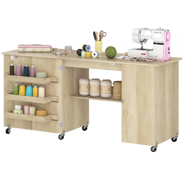 CoSoTower Sewing Machine Table with Drop Leaf, Folding Craft Table with 2 Doors and Adjustable Shelf for Small Spaces, Natural