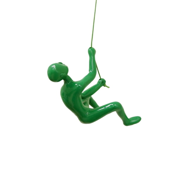 CLIMBING MAN wall sculpture in green resin showing a stylized figure climbing a green leather rope, includes hanging hardware and instructions, designed for indoor decorative use in home and garden spaces.