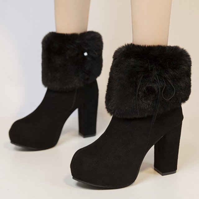 Bottes d'Automne Chaussures Femmes Hiver Chaudes Mode Talon Haut Bout Rond Décontracté Couleur Unie Suède Plateforme Peluche Neige Chaussures Femmes Décontractées Automne en Liquidation