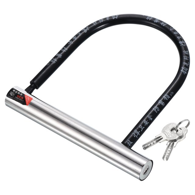 Unique Bargains Bike U Lock Anti Theft Bicycle Lock with Keys, featuring a durable aluminum alloy construction with a black silicone sleeve for waterproof and anti-corrosion protection. The lock measures 185x180mm with a 12mm thickness and includes two keys. Designed for bicycles, e-bikes, scooters, and motorcycles, it provides strong resistance to cutting and sawing with a solid steel lock and copper core. Suitable for use in shopping malls, households, and warehouses.