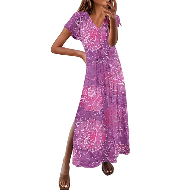 UPPADA Robe Maxi à Col en V pour Femme, Imprimé Floral, Robe d'Été Décontractée à Manches Courtes, Style Bohème, Robe de Plage avec Fente Latérale, Robe de Cocktail pour Fête, Robes d'Été avec Manches Rouge, m