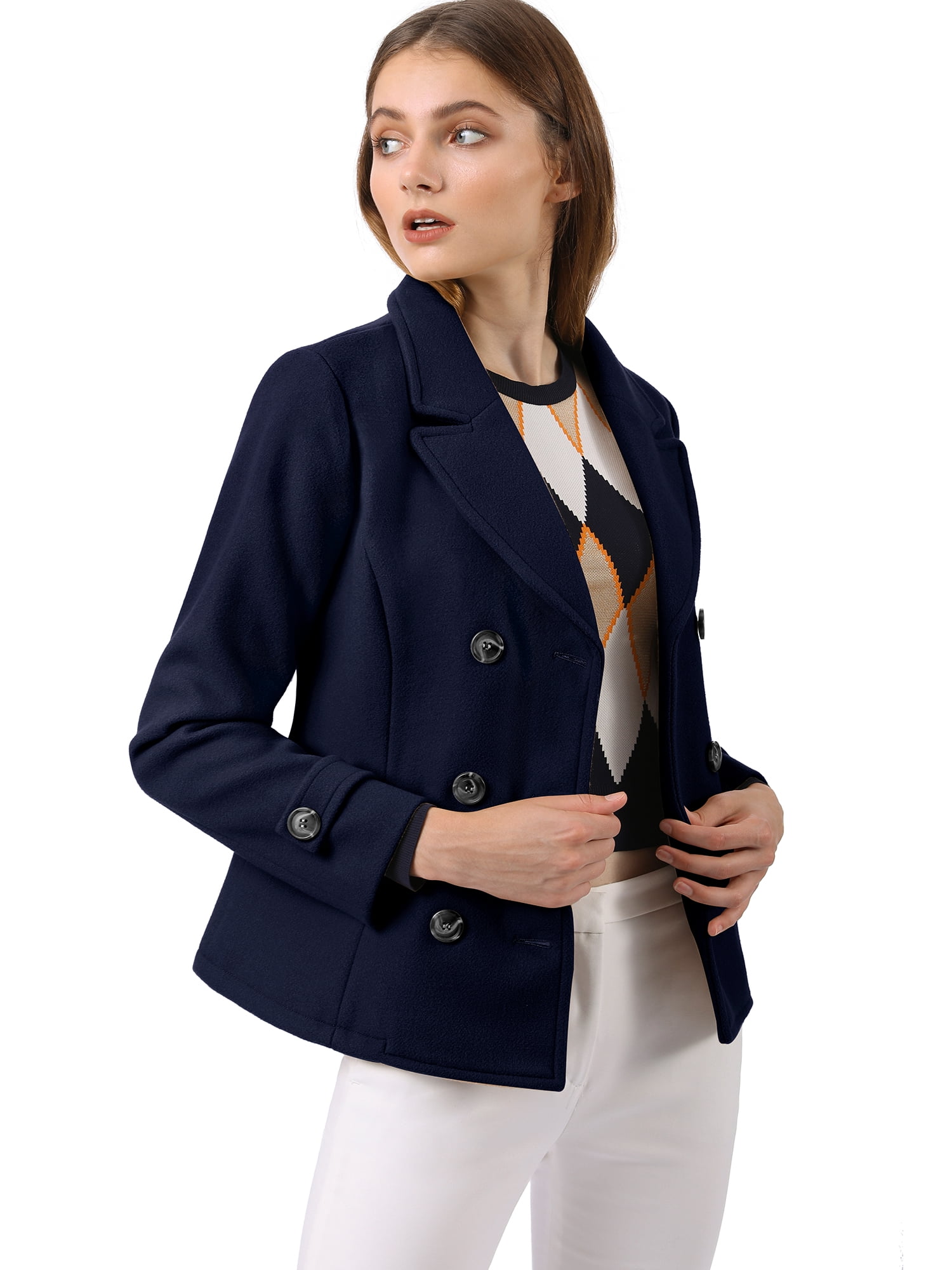 INSPIRE CHIC Women's Winter Worsted Notched Lapel Double Breasted Short Peacoat