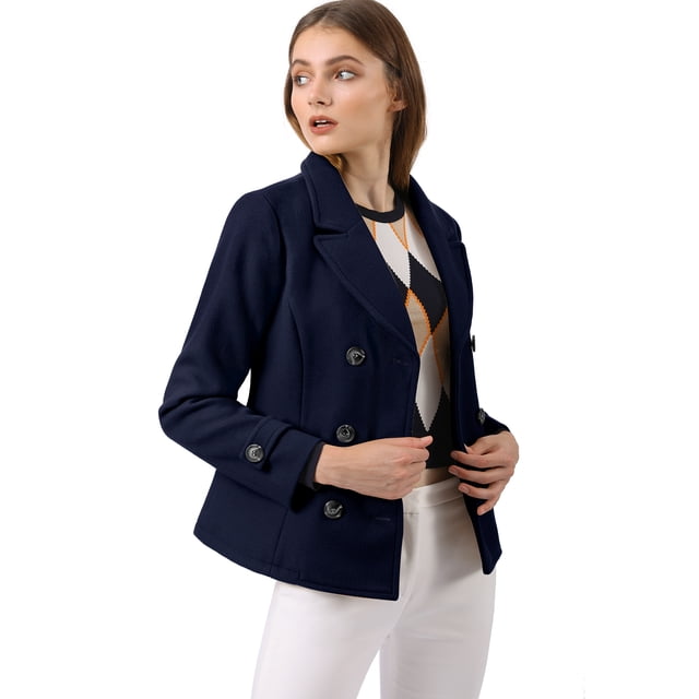 INSPIRE CHIC Caban Court d'Hiver pour Femme à Revers Cranté en V, Double Boutonnage