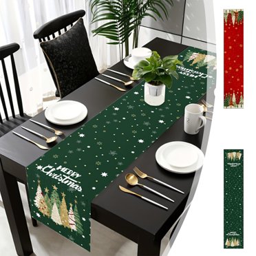 Chemin de Table de Noël en Lin / Motif Flocon de Neige Rouge Vert Arbre de Noël / Décoration de Table Festive Saisonnière / 70.87x11.81 Po / Lavable en Machine / pour Fête au Restaurant