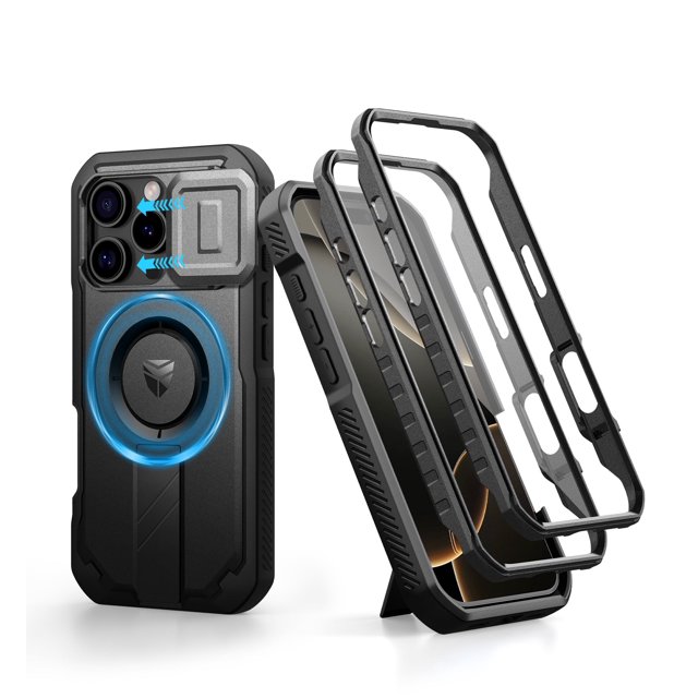 Dexnor for iPhone 16 Pro Case with Slide Camera Cover & Adjustable Kickstand & Built-in Screen Protector, Compatible with MagSafe Shockproof Bumper Cases Heavy-Duty Magnetic Protective Cover, Black